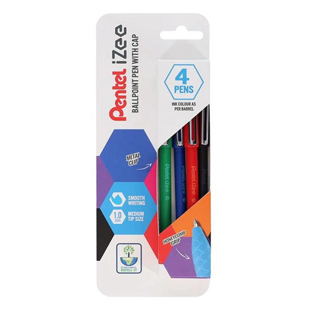 Pentel Izee Ballpoint Pens with Cap & Metal Clip & Honeycomb Grip | Red, Blue, Black & Green | Pack of 4