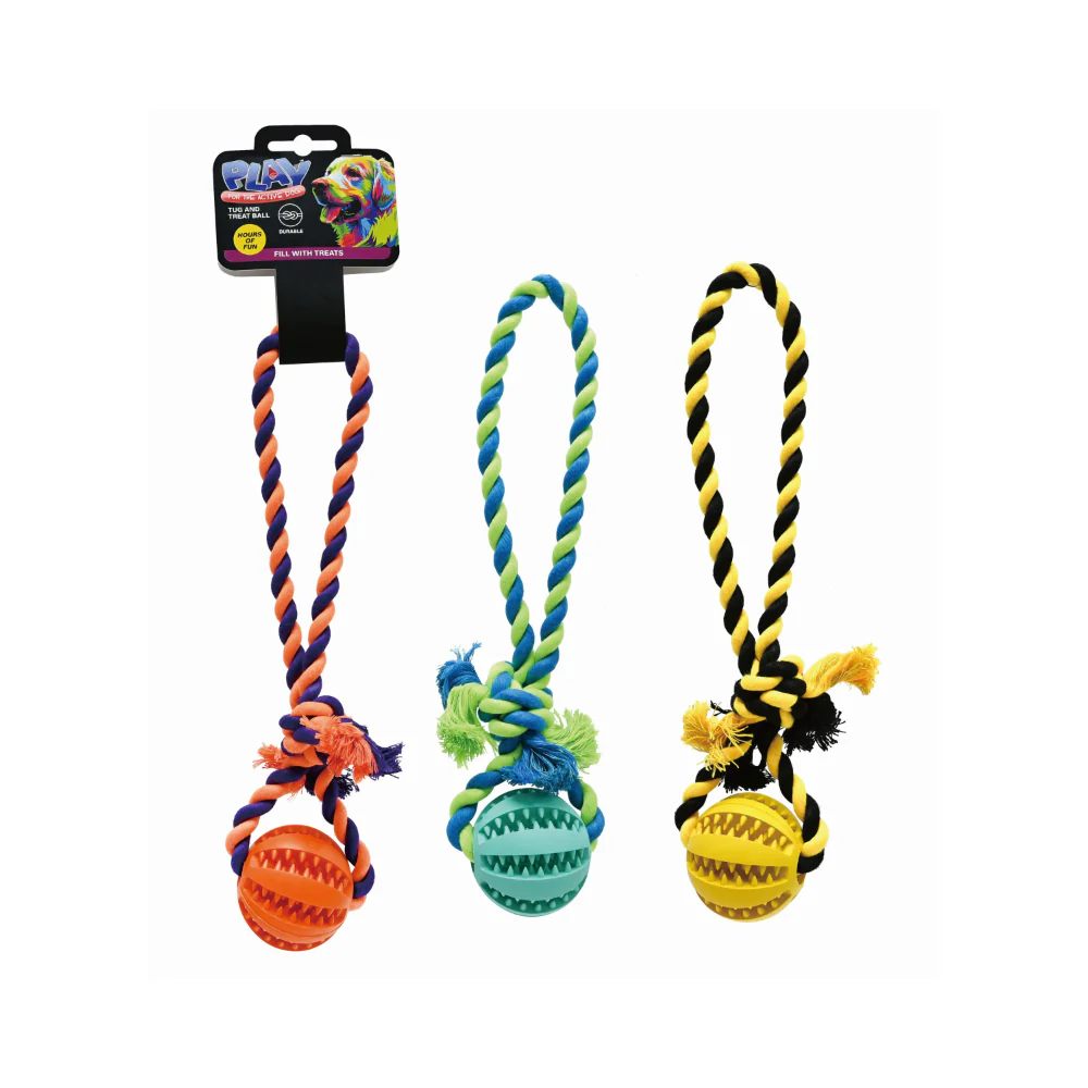 Pet Tug and Treat Ball Dog Toy | Rope Loop, Fillable, Assorted Colours