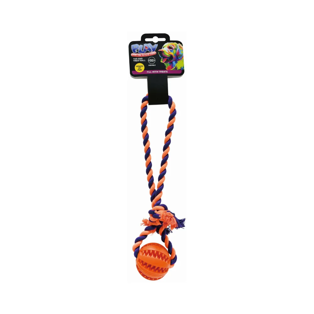 Pet Tug and Treat Ball Dog Toy | Rope Loop, Fillable, Assorted Colours - Image 2