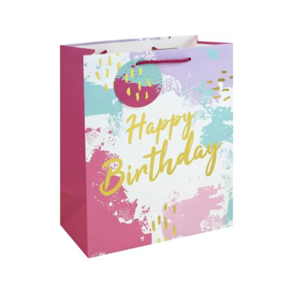 Pink Watercolour Happy Birthday Large Gift Bag | Gift Tag and Handles