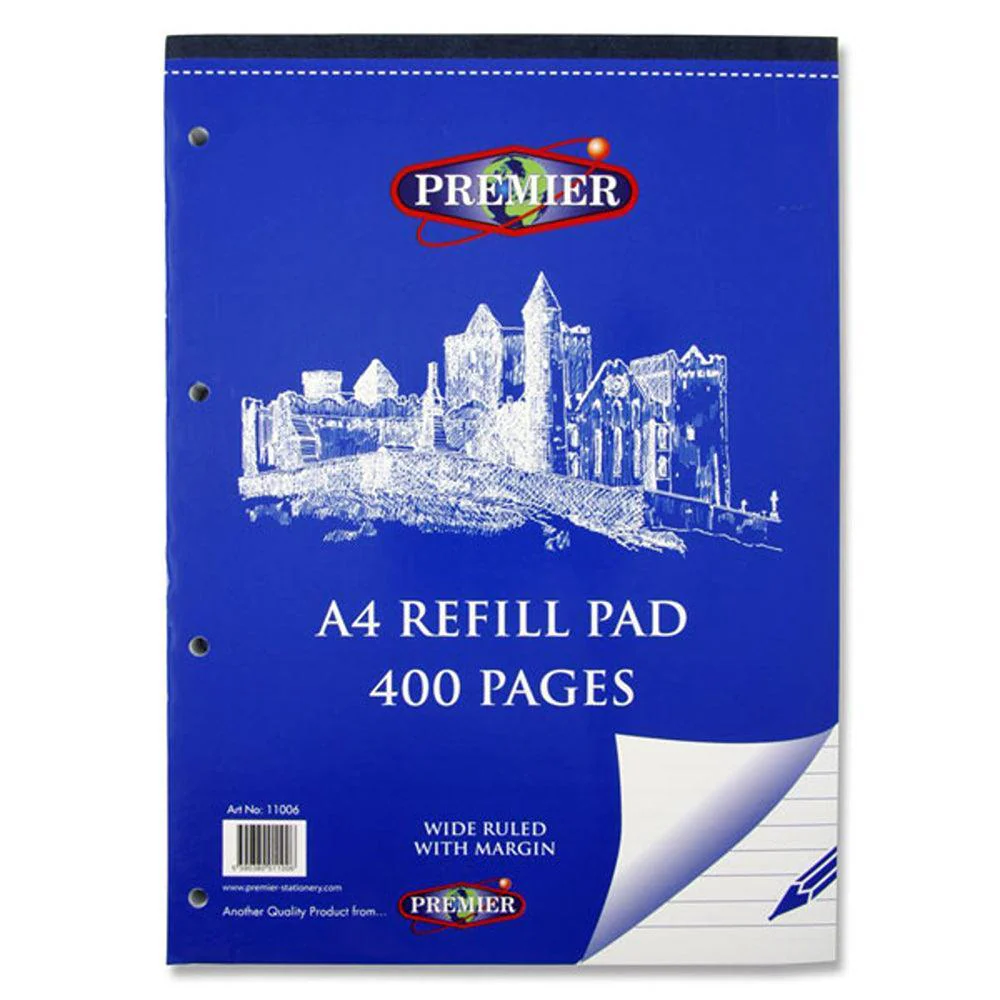 Premier Stationery A4 Refill Pad with Wide Ruled Margins & Top Opening | 400 Page