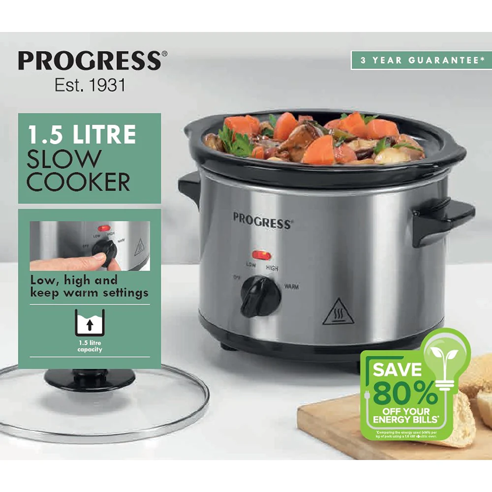 Progress 1.5L Compact Slow Cooker | 3 Heat Settings, Energy Efficient