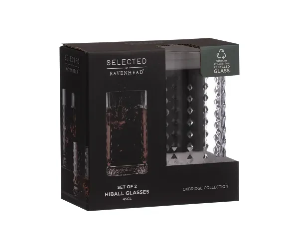 Ravenhead Oxbridge Textured Hiball Glasses | Set of 2 | 45cl | Eco-Friendly Recycled Glass
