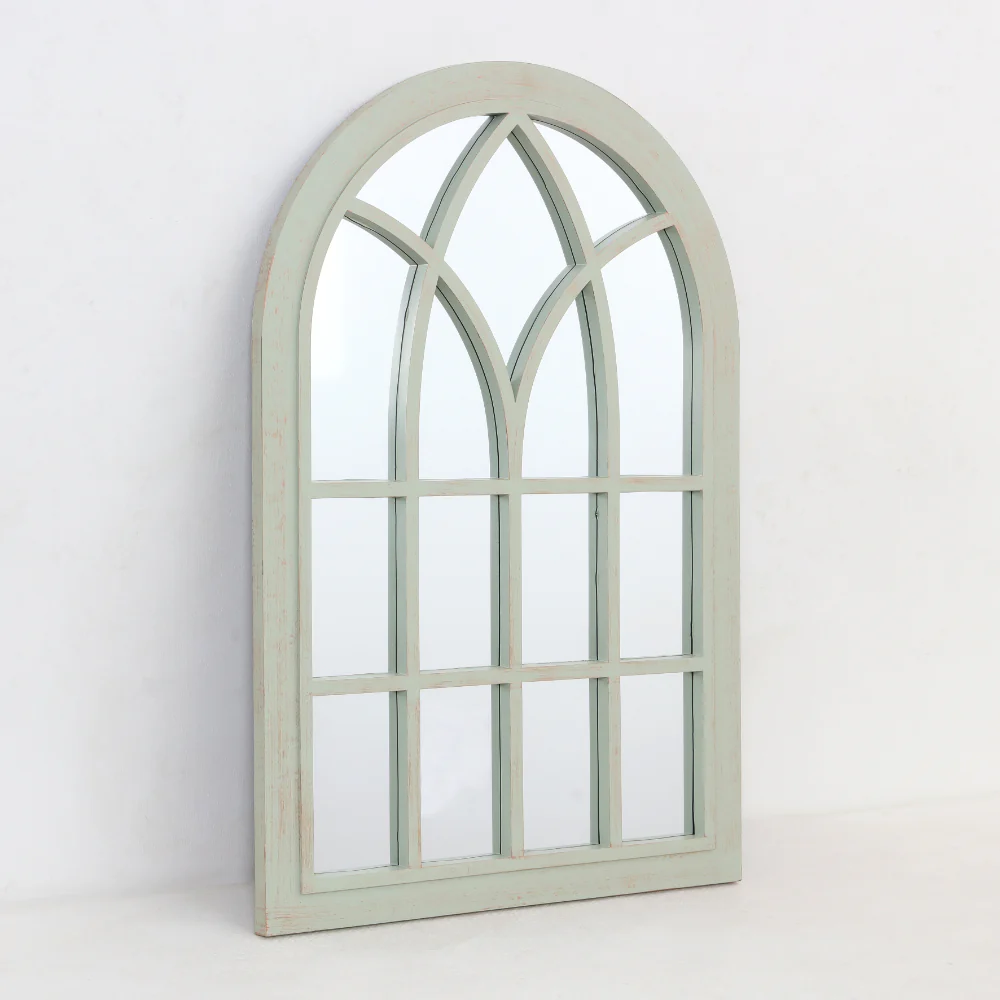 Sage Green Arched Windowpane Wall Mirror | Distressed Frame, 60 x 90cm - Image 2