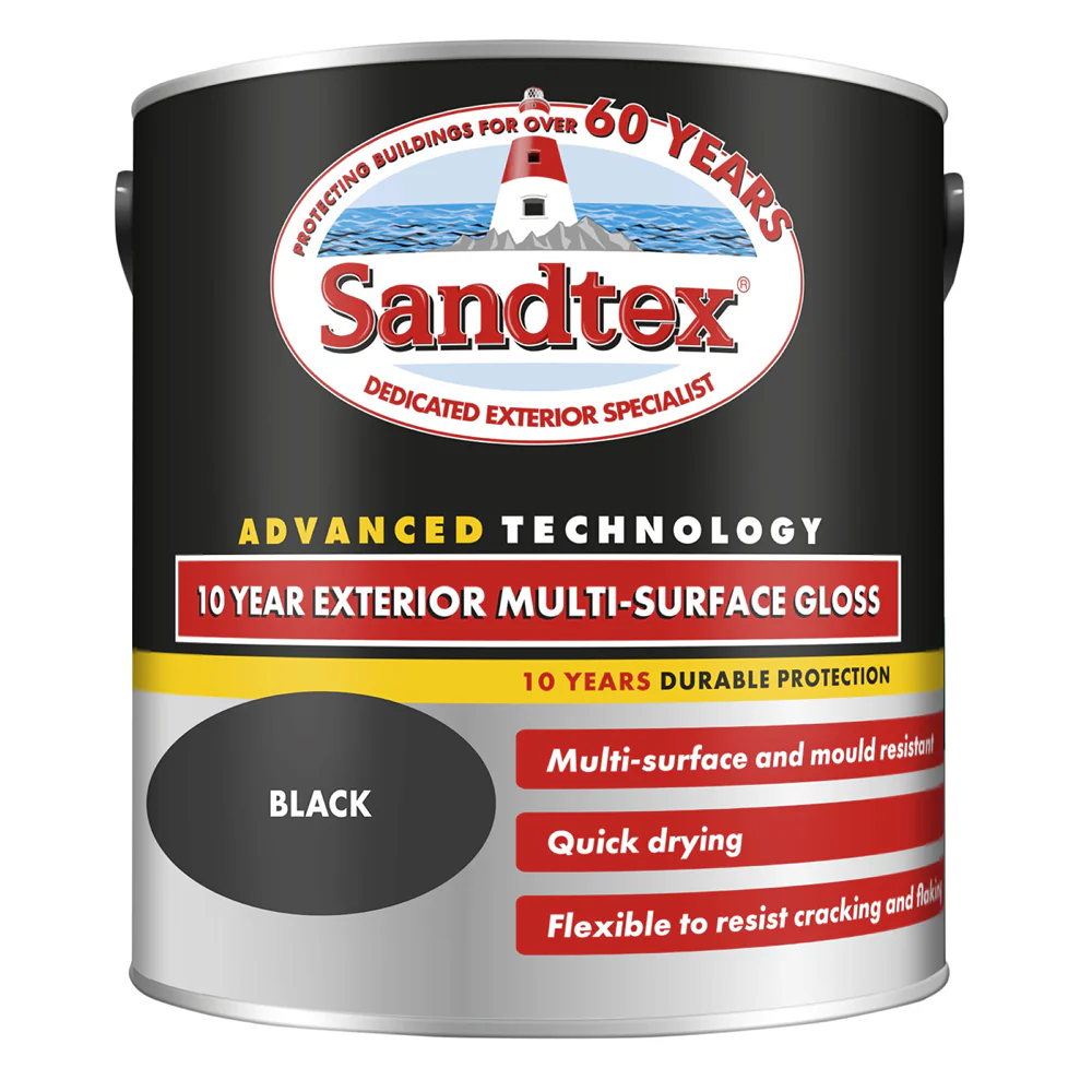 Sandtex Multi-Surface Exterior Gloss Black Paint | 2.5L, 10-Year Durability