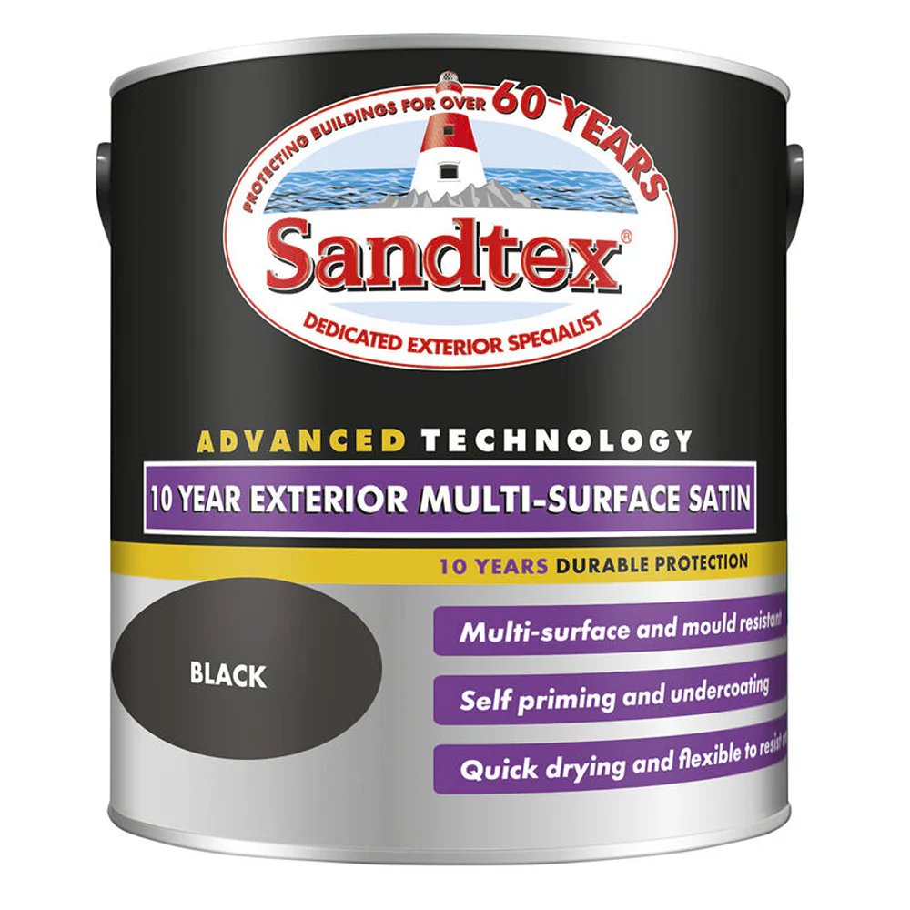 Sandtex Multi-Surface Exterior Satin Paint Black | 2.5L, 10-Year Durability