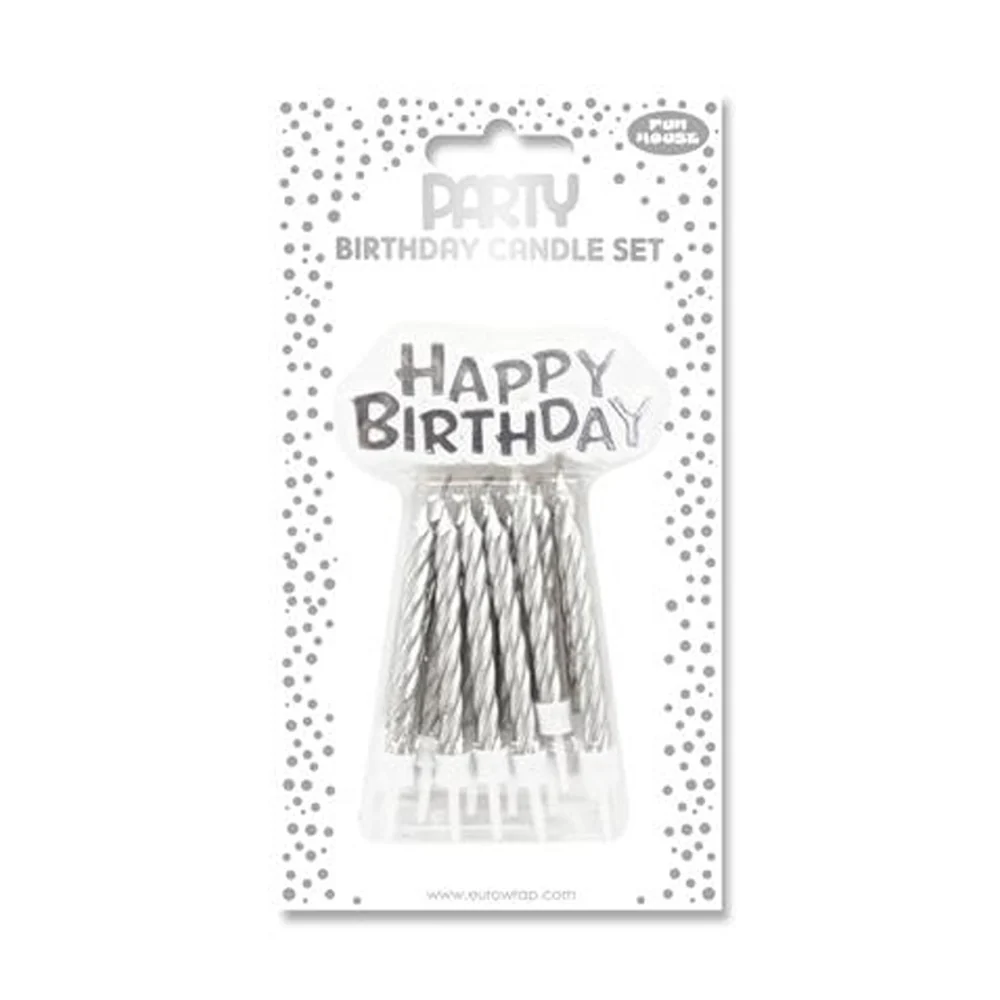 Silver Happy Birthday Spiral Cake Candles | Pack of 6, with Holders