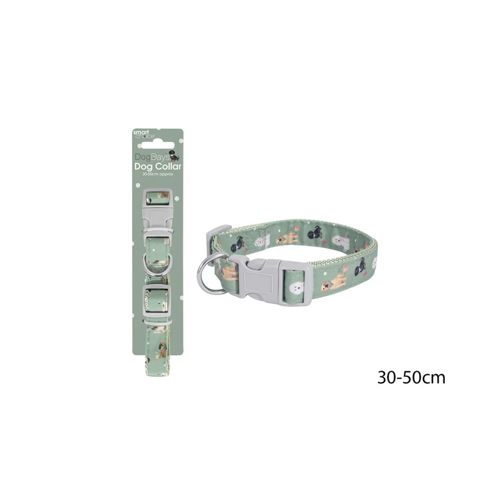 Smart Choice Adjustable Dog Collar | 30-50cm, Green, Dog Print
