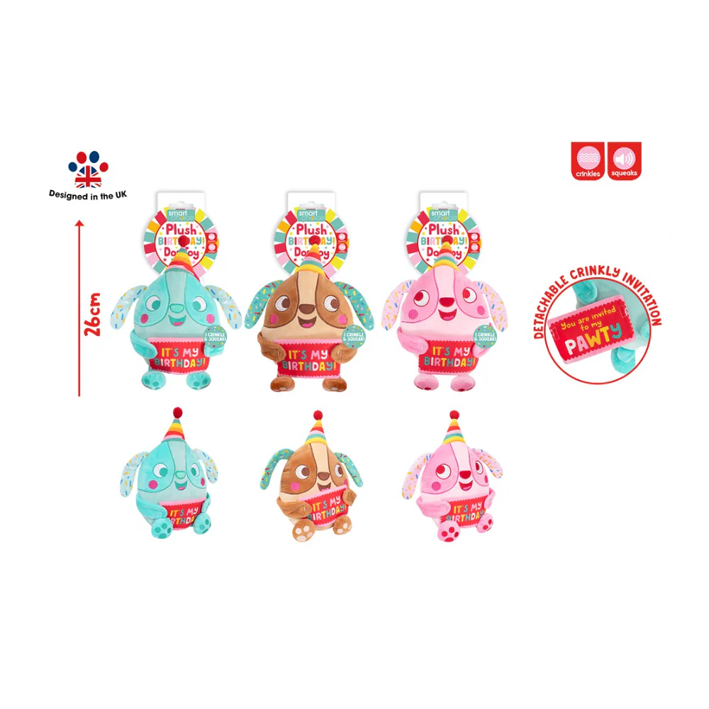 Smart Choice Birthday Pal Plush Dog Toy | Assorted Colours, 26cm