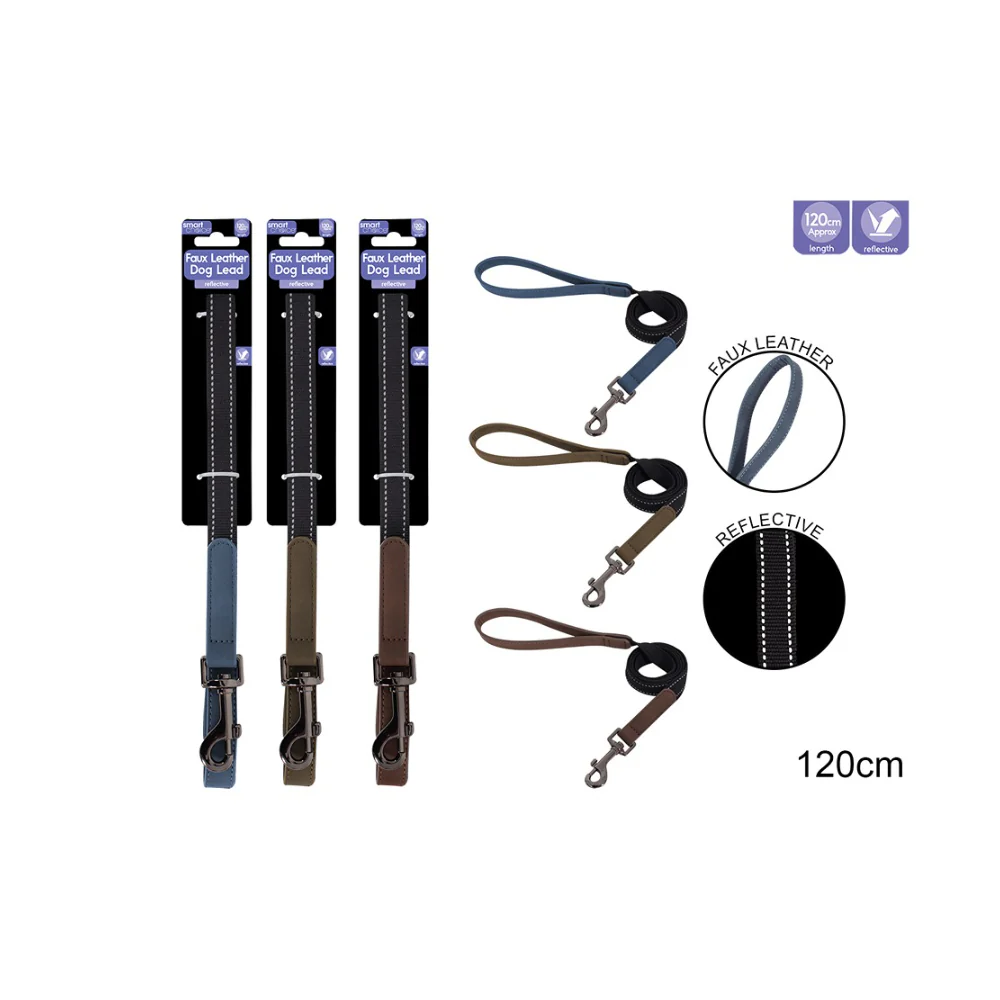Smart Choice Faux Leather Reflective Dog Lead | 120cm, Assorted Colours