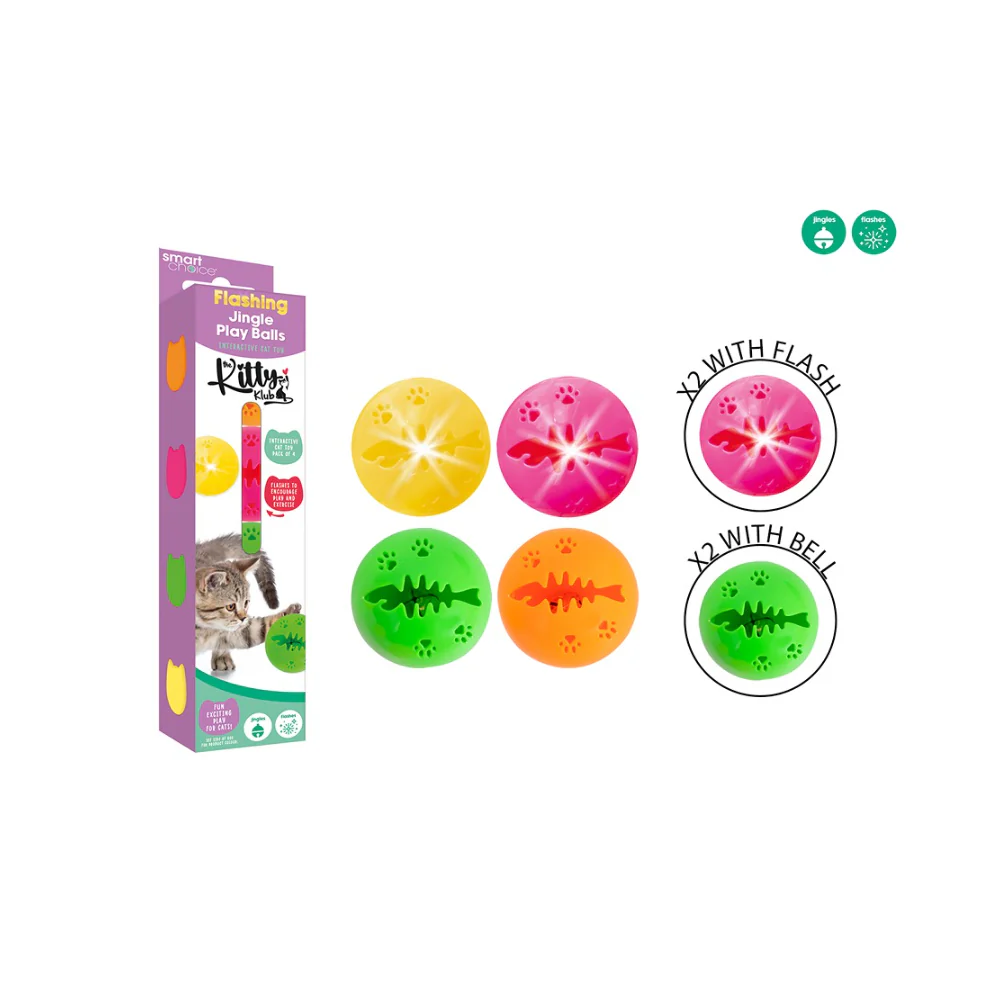 Smart Choice Flashing and Jingling Cat Play Balls | Assorted Colours, Pack of 4