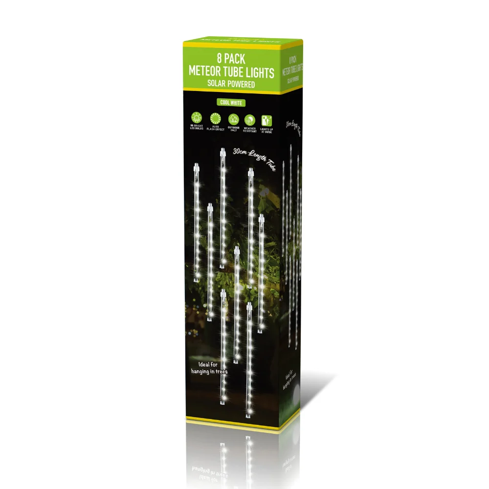 Solar Meteor Tube Lights Pack of 8 Cool White Garden Lights | 30cm, 96 LEDs