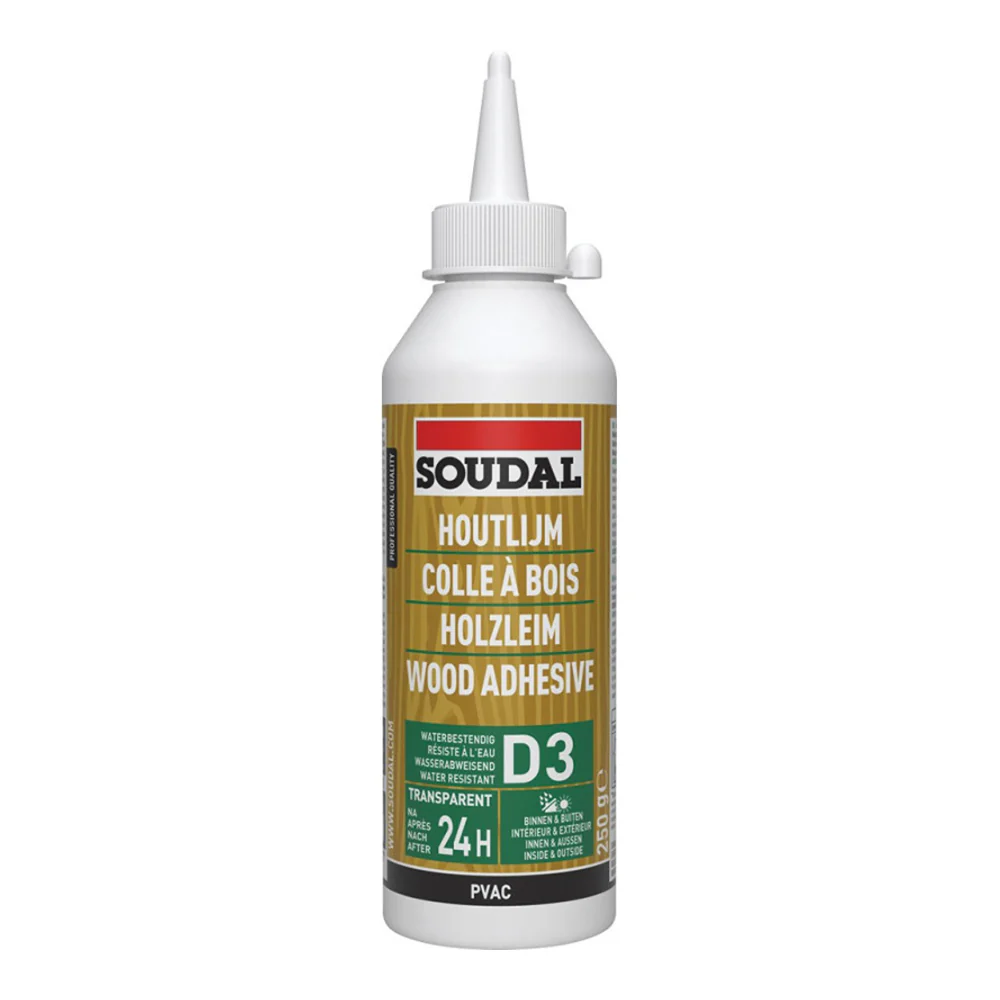 Soudal D3 Wood Adhesive | 250g, Water-Resistant, Dries Clear