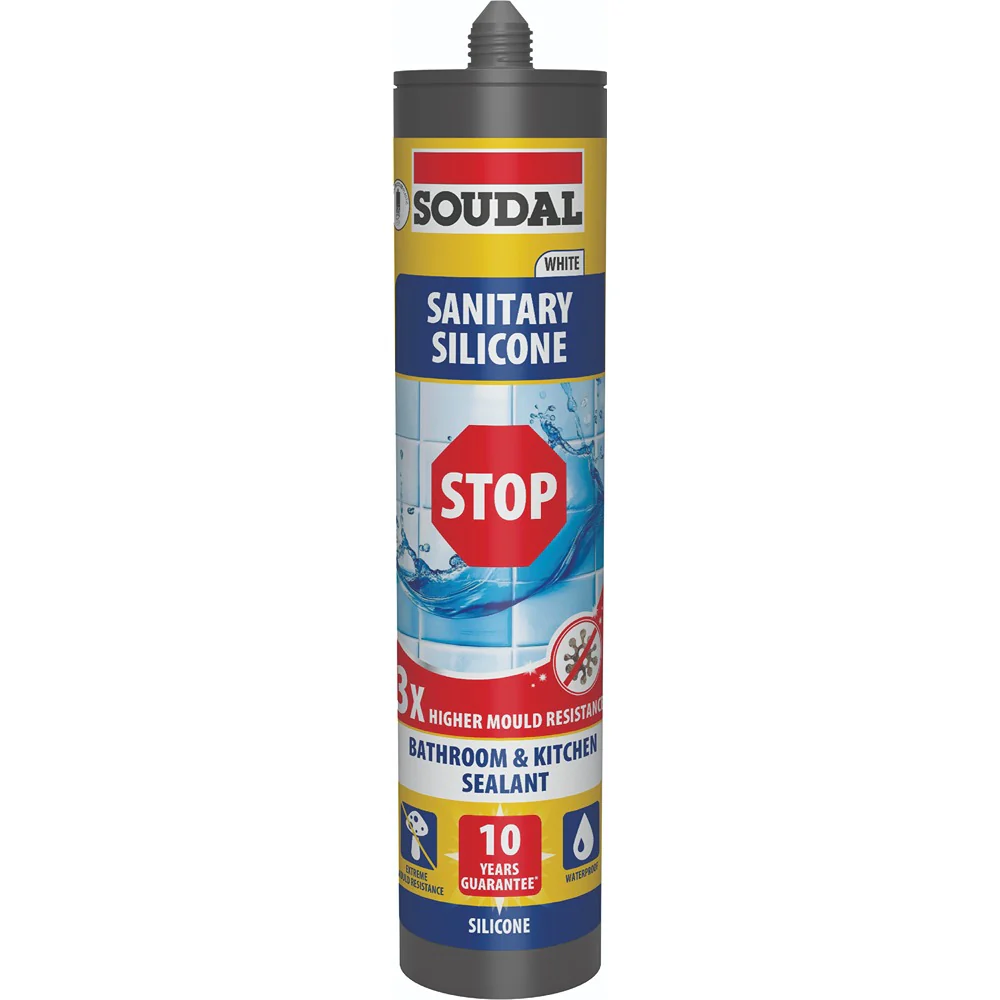 Soudal Stop Mould Sanitary Silicone Sealant | White, 290ml, bathroom and kitchen