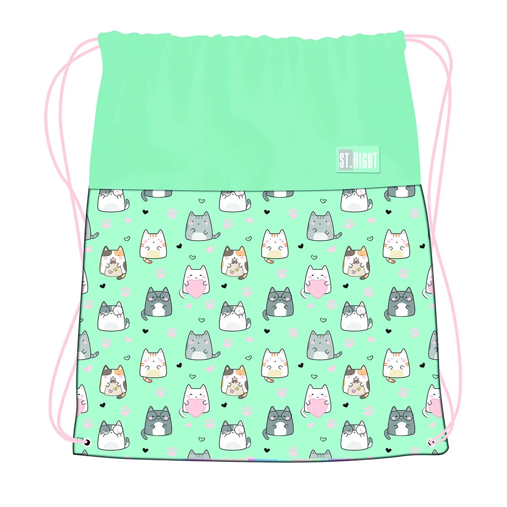 St. Right Charming Cats Drawstring Shoe Bag | Mint Green, Pink, and White