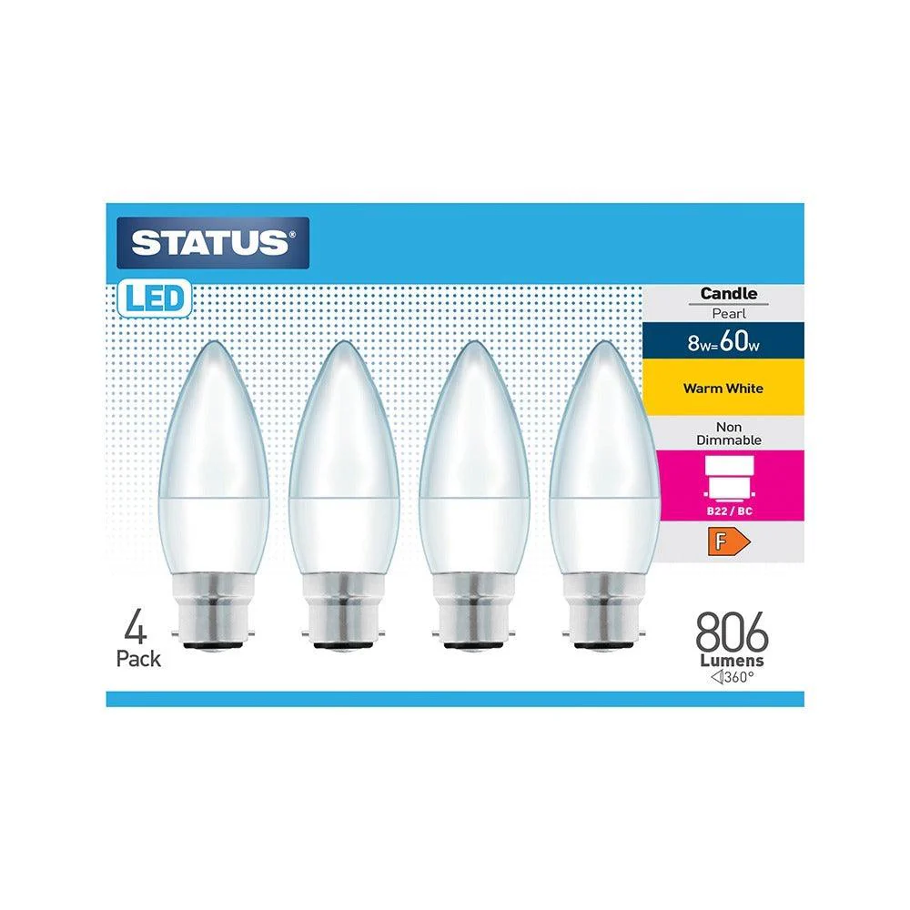 Status 8W 806lm LED Candle BC Bulb | Warm White, Energy-Efficient