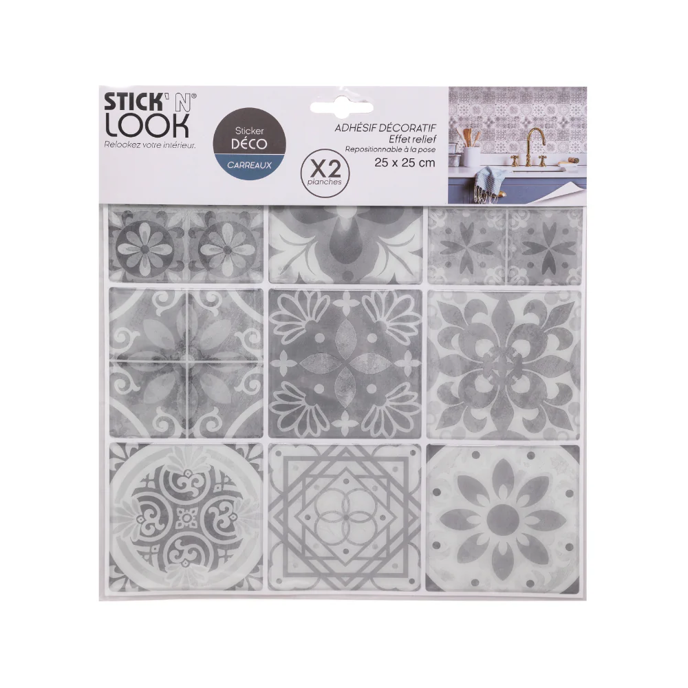 Stick'N Look Mosaic Wall Tile Stickers | Pack of 2, 25 x 25cm, Grey/White