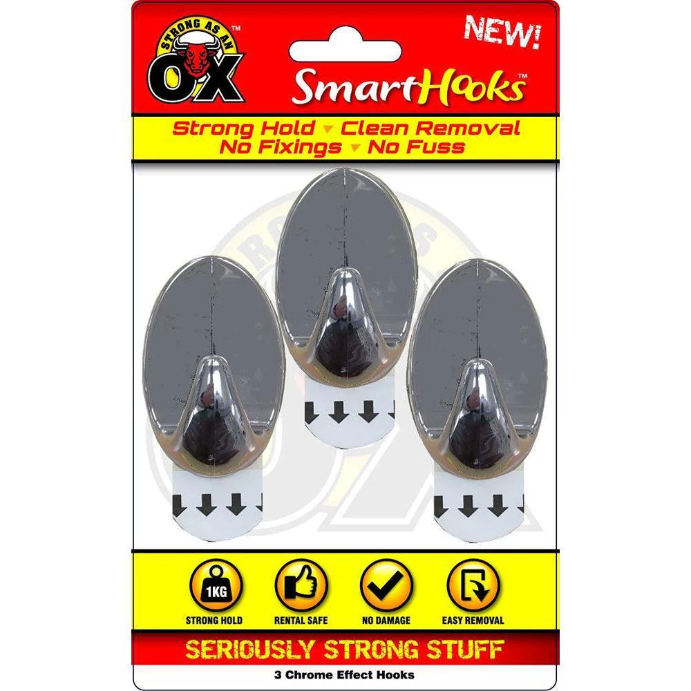 Strong as an Ox Removable Chrome Hooks | 1kg Capacity | Pack of 3