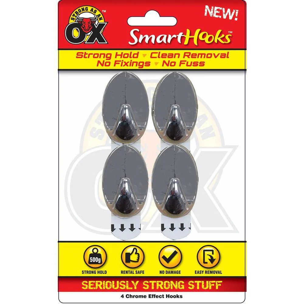 Strong as an Ox Removable Chrome Hooks | 500g Capacity | Pack of 4
