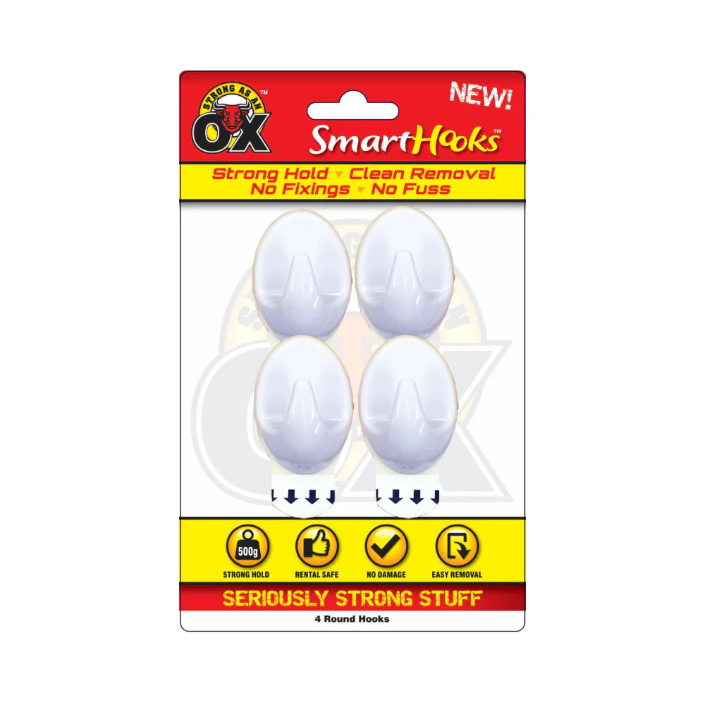 Strong as an Ox Round Adhesive Hooks | White, Removable, Pack of 4