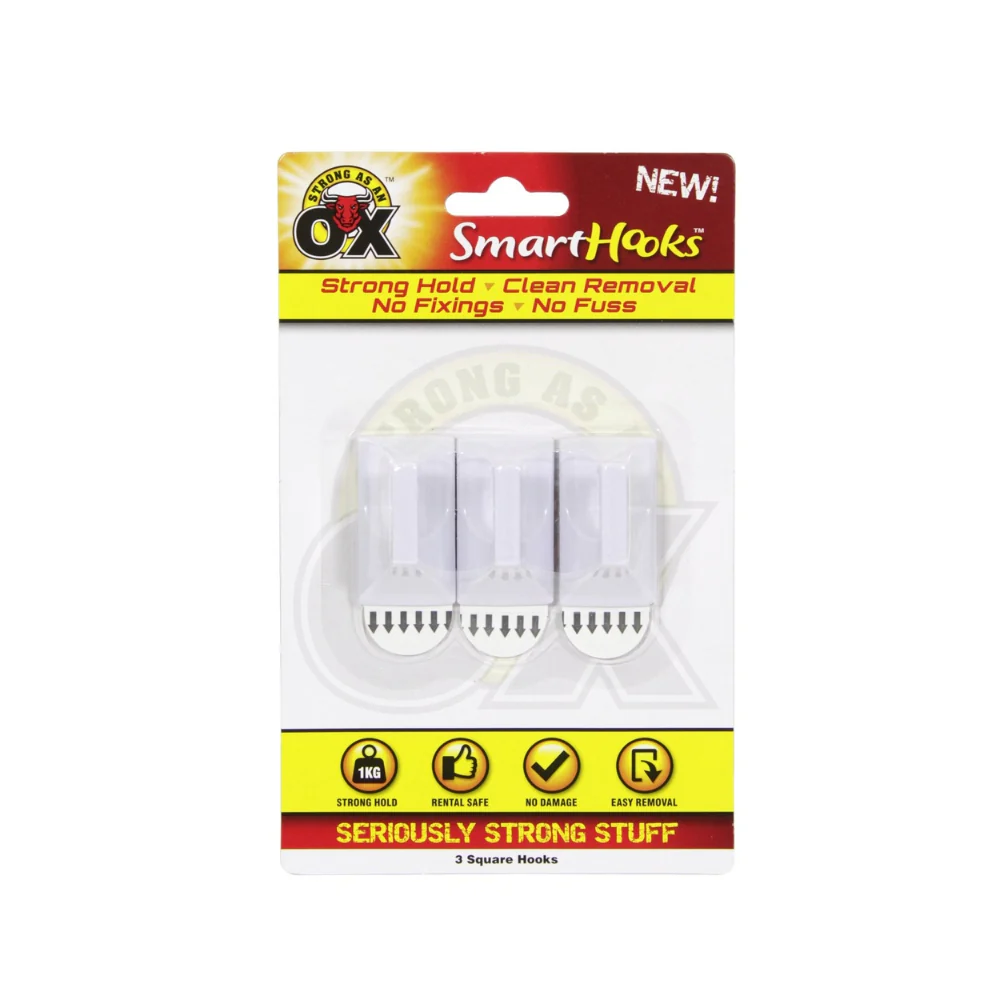 Strong as an Ox Square Removable Hooks | Pack of 3, Holds up to 1kg