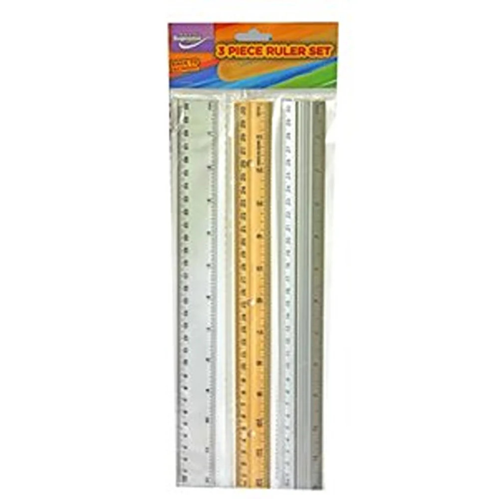 Supreme 3 Piece Ruler Set | Plastic, Wood, Steel | Metric and Imperial Measurements