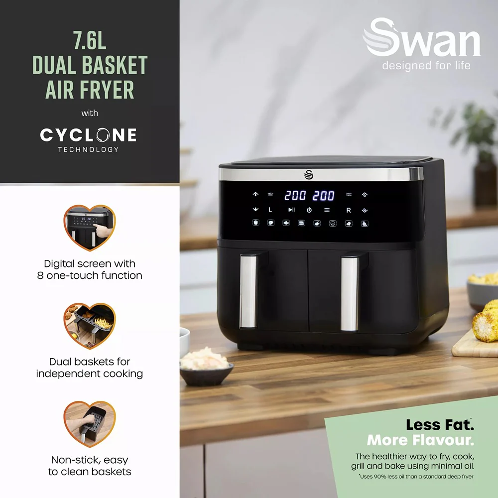 Swan Cyclonic Digital Dual Air Fryer | 7.6L, Dual Cooking Zones - Image 2