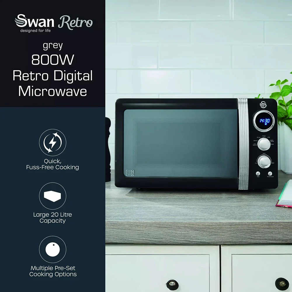 Swan Retro Digital Microwave | 800W, Black Finish - Image 2