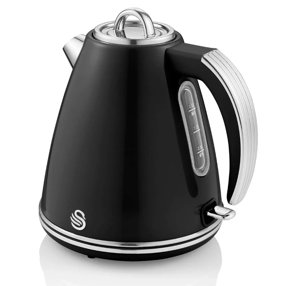 Swan Retro Electric Jug Kettle | 1.5L, Black, Cordless, Chrome Accents