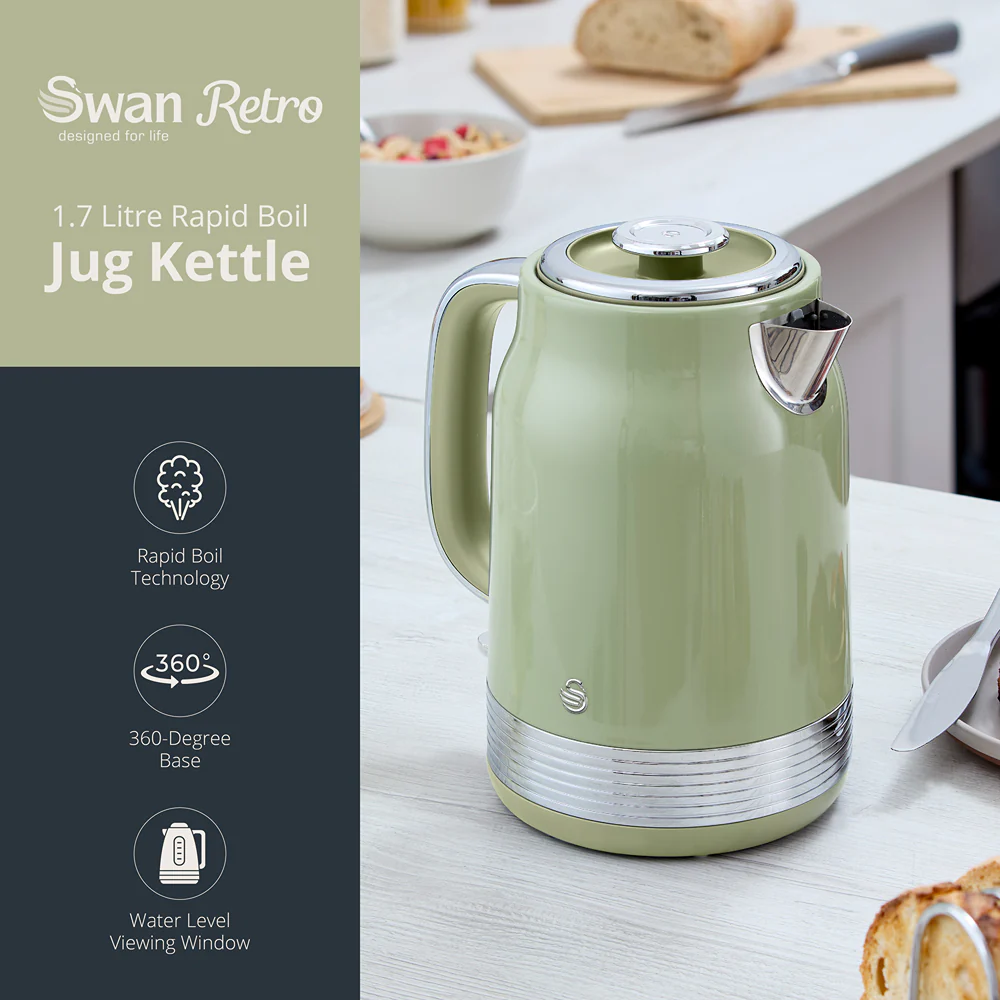 Swan Retro Revive 1.7L Green Jug Kettle | Pastel Finish, Water Window - Image 2