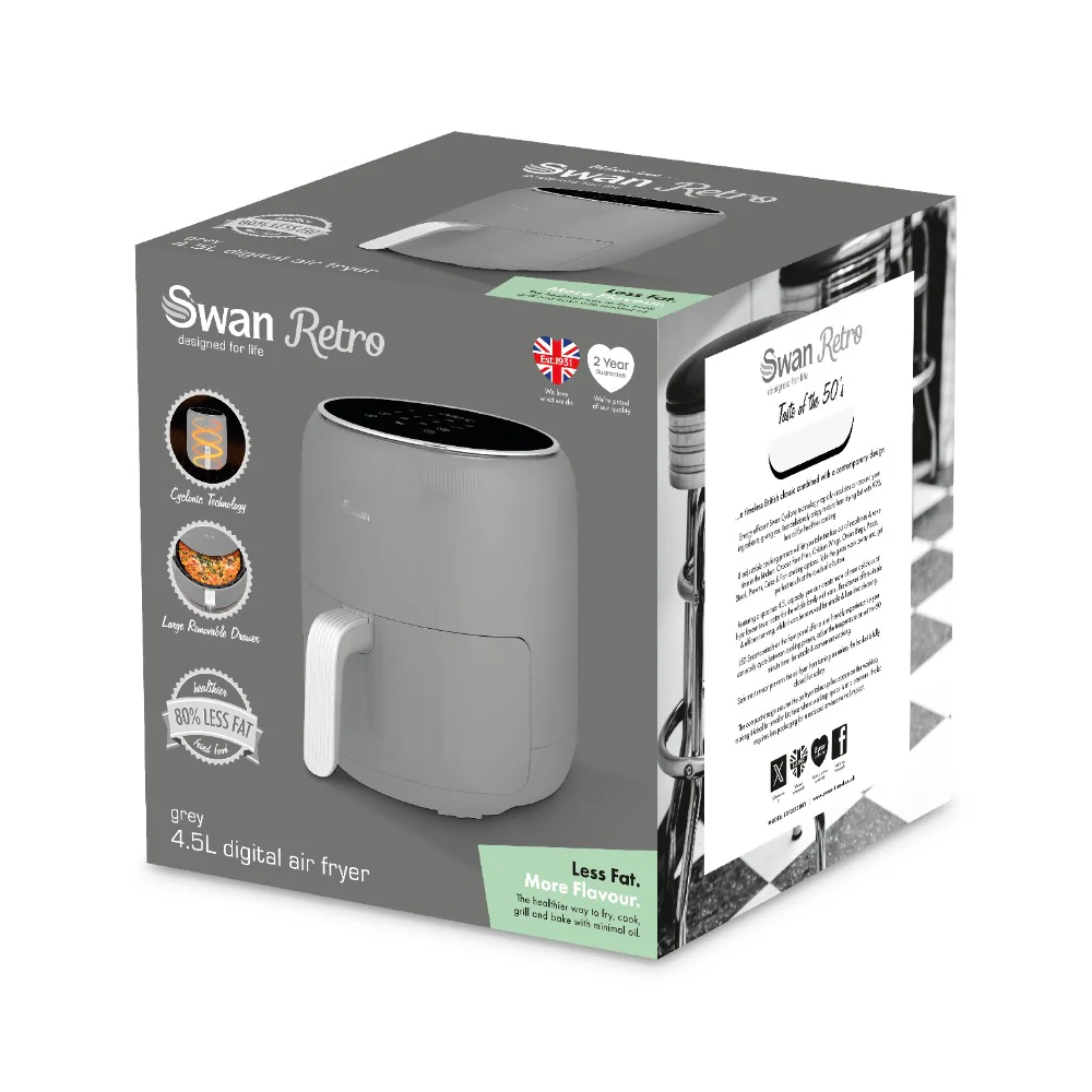 Swan Retro Touch-Control Air Fryer | 4.5L, Grey, Pull-Out Basket - Image 6