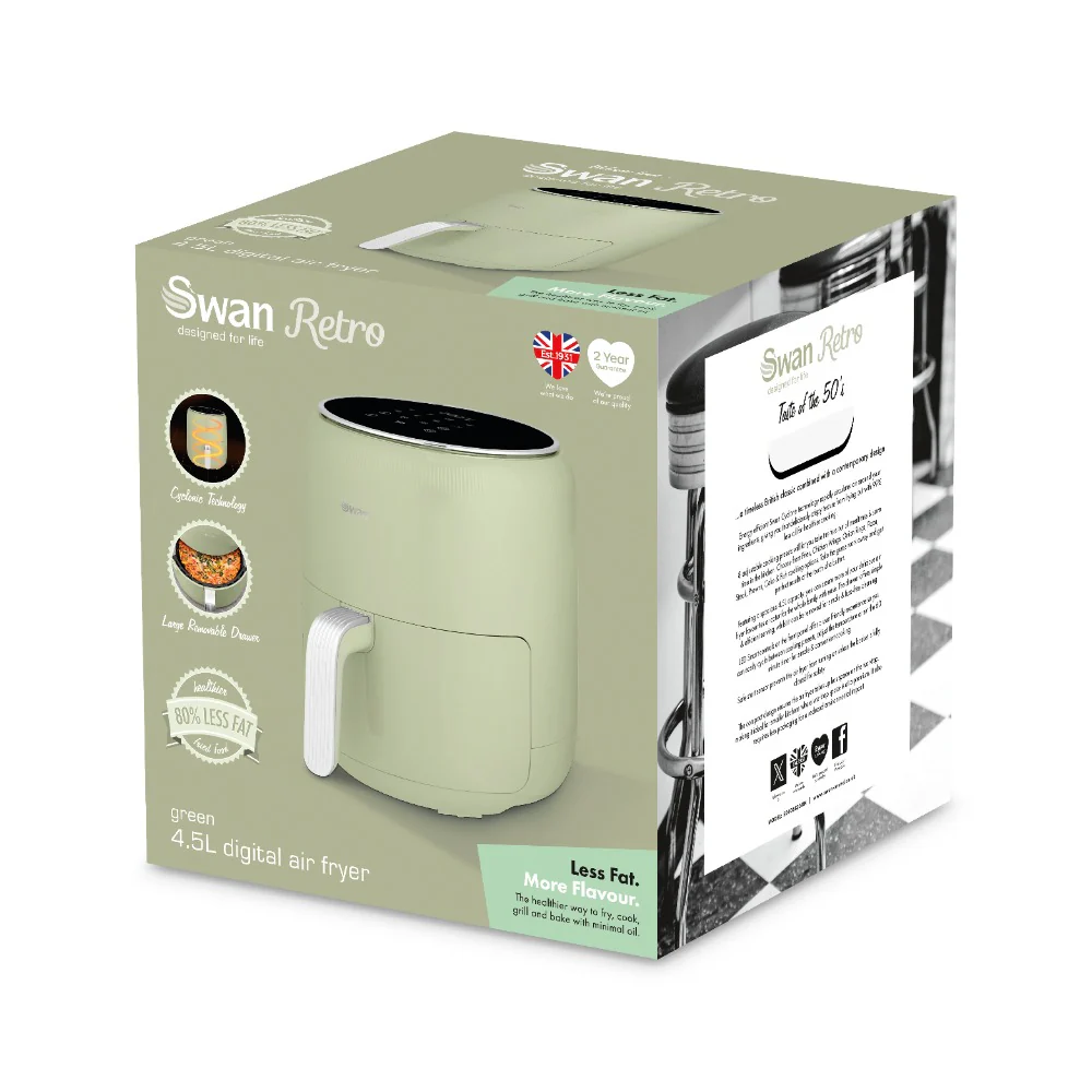 Swan Retro Touch Control Pull-Out Drawer Air Fryer | 4.5L, Sage Green - Image 6