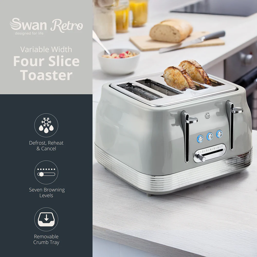 Swan RetroRevive 4 Slice Toaster Grey | Dual Controls, Variable Browning 1–7 - Image 2