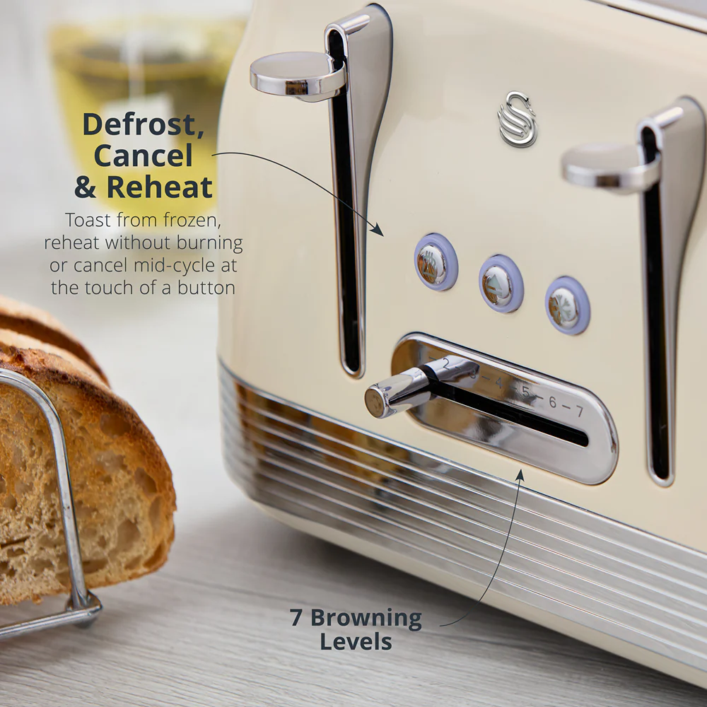 Swan RetroRevive Cream 4 Slice Toaster | Dual Controls, Defrost - Image 4