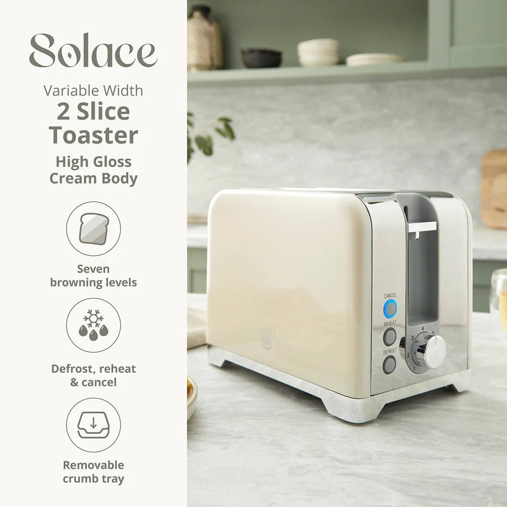 Swan Solace 2 Slice Stainless Steel Toaster | Cream, Reheat & Defrost - Image 2