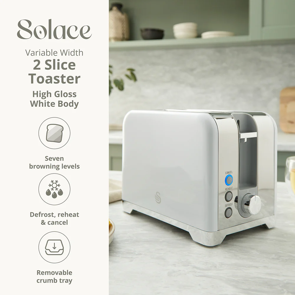 Swan Solace 2 Slice Stainless Steel Toaster | White, Defrost, Reheat - Image 2