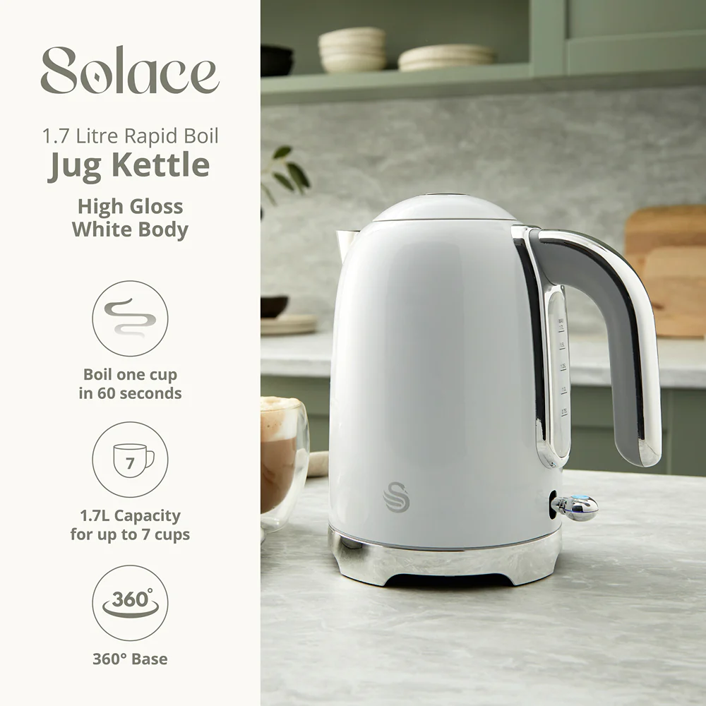 Swan Solace White Stainless Steel Jug Kettle | 1.7L, Water-Level Window - Image 2