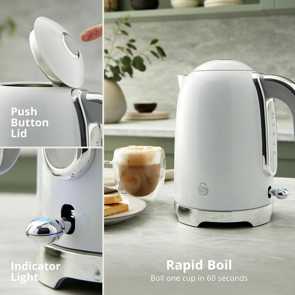 Swan Solace White Stainless Steel Jug Kettle | 1.7L, Water-Level Window - Image 3