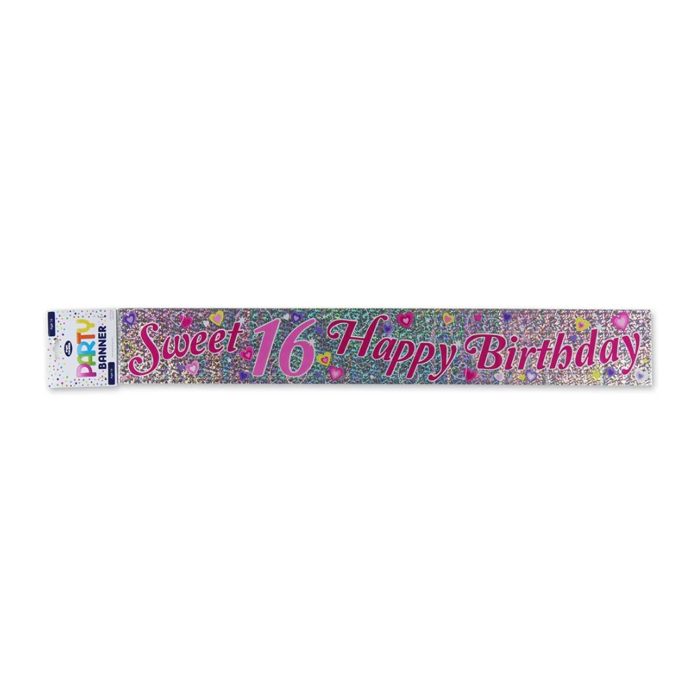 Sweet 16 Holographic Birthday Banner | Pink and Purple, Heart Accents