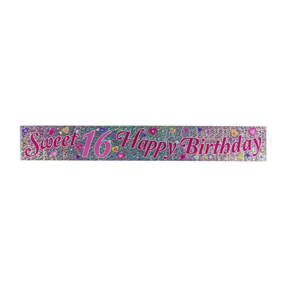 Sweet 16 Holographic Birthday Banner | Pink and Purple, Heart Accents - Image 2