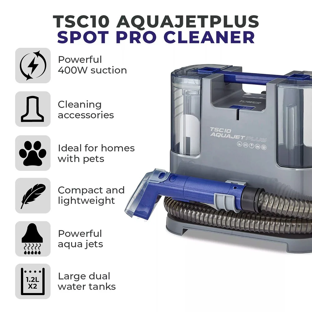 Tower Aqua Jet Plus Carpet and Upholstery Spot Cleaner | Dual Tank, Long Hose - Image 2