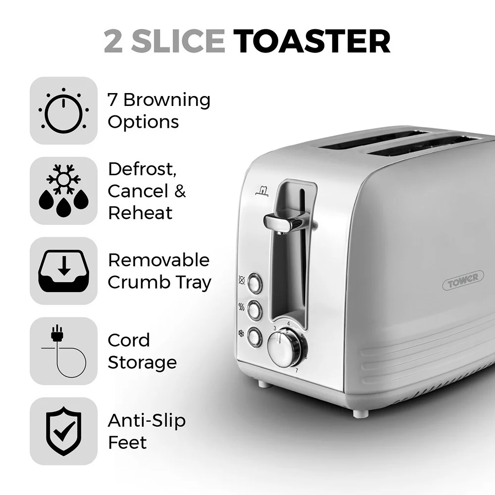 Tower Ash Grey 2-Slice Toaster | 7-Level Browning, Wide Slots - Image 2