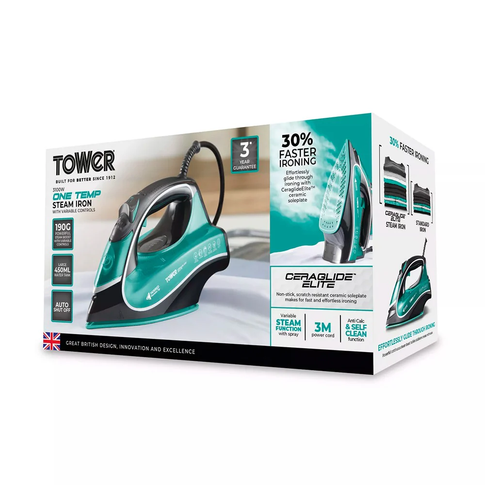 Tower Ceraglide 1 Temp Steam Iron | 3100W, Anti-Calc, Anti-Drip, Teal and Black - Image 10