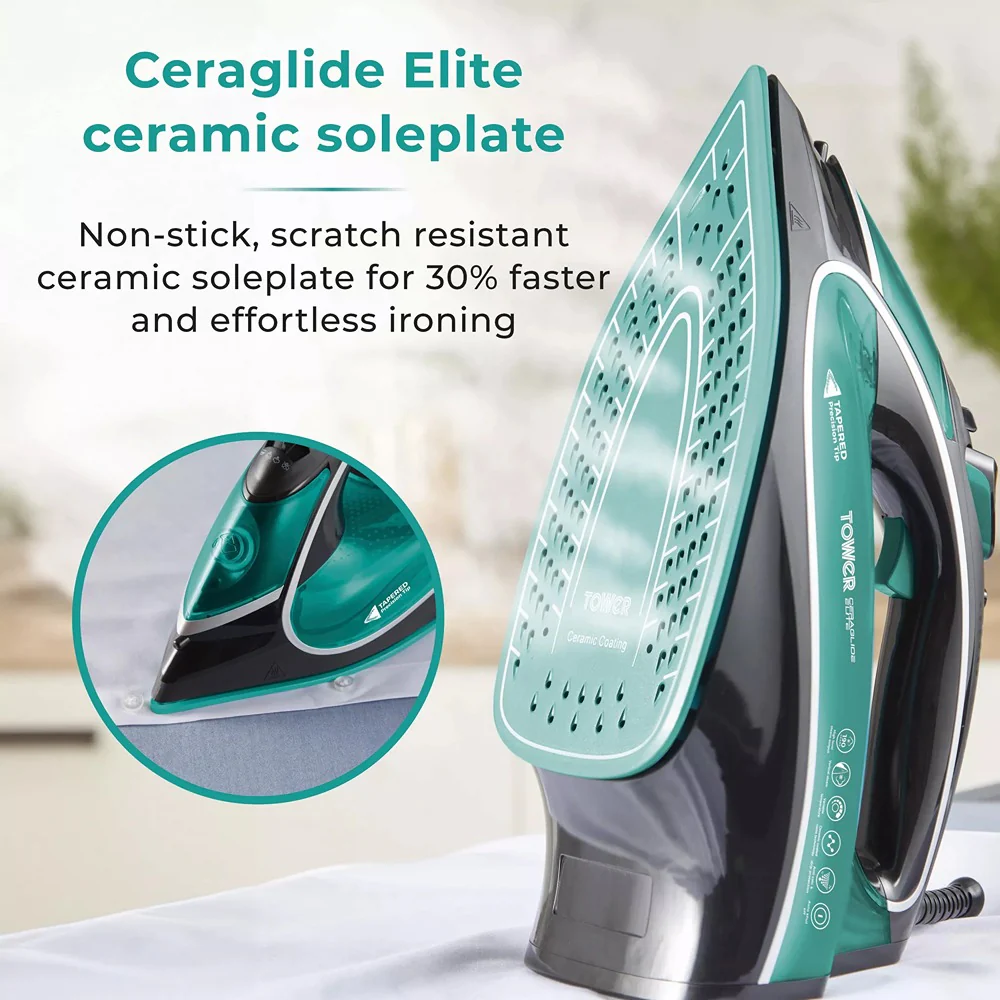 Tower Ceraglide 1 Temp Steam Iron | 3100W, Anti-Calc, Anti-Drip, Teal and Black - Image 5