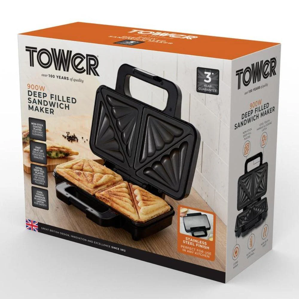 Tower Deep Filled Sandwich Maker | Stainless Steel | 900W - Image 3