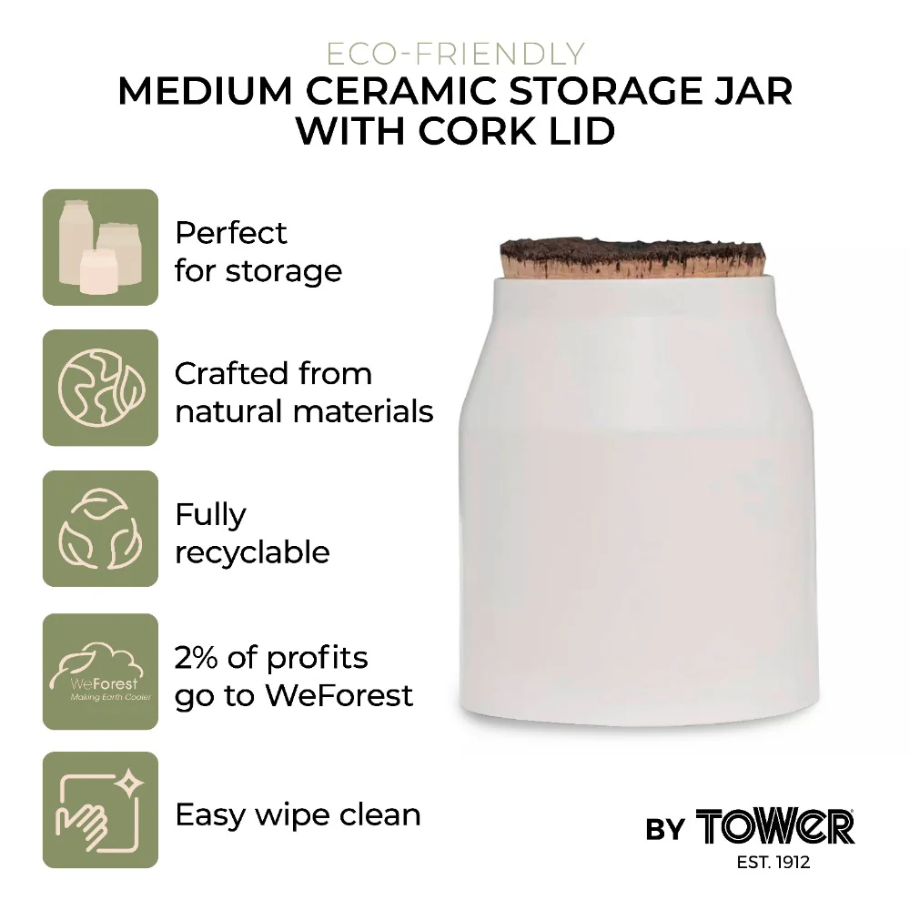 Tower Natural Life Matte White Ceramic Storage Jar | 18.5cm, Stopper Lid - Image 2