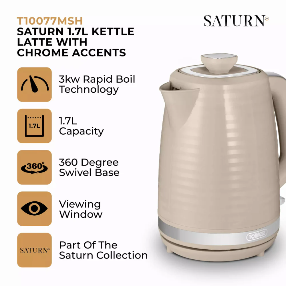 Tower Saturn Chrome Latte Kettle | 1.7L, Ribbed Body Design, Neutral Colour - Image 2
