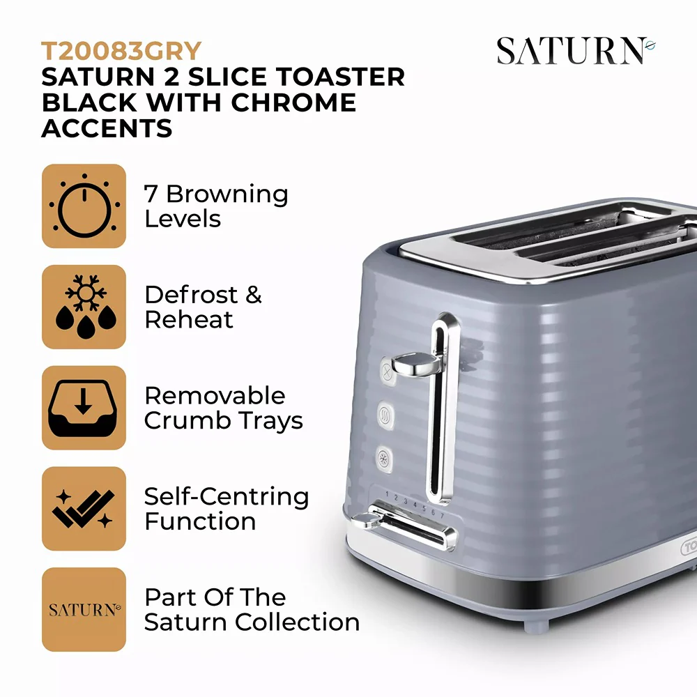 Tower Saturn Grey 2 Slice Toaster | Defrost, Reheat, Wide Slots - Image 2