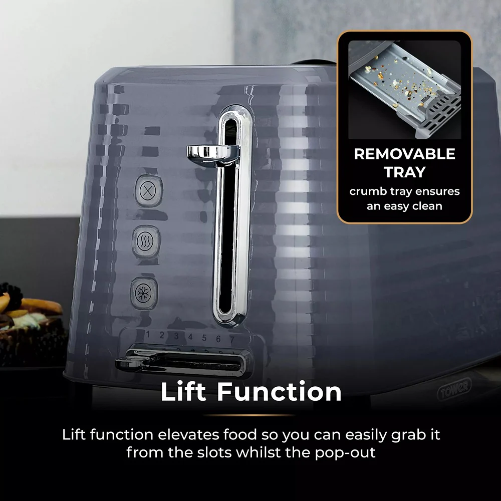 Tower Saturn Grey 2 Slice Toaster | Defrost, Reheat, Wide Slots - Image 5