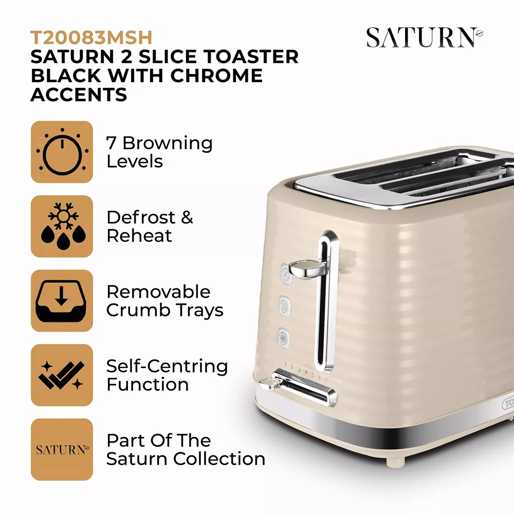 Tower Saturn Latte Beige 2 Slice Toaster | Adjustable Browning, Crumb Tray - Image 2